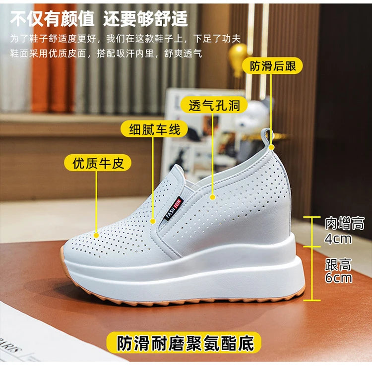 10cm Microfiber Platform Heel Wedge Shoe Sneakers Pumps White Platform Air Mesh Hollow Pumps Shoes Summer Women Zapatos de Mujer