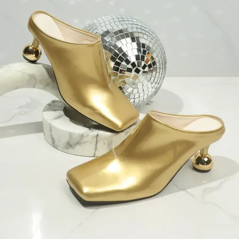 New High Heels Slipppers Elegant Women Slides Square Toe Shallow Summer Dress Mules Sexy Metal Strange Style Heels Shoes Size 42