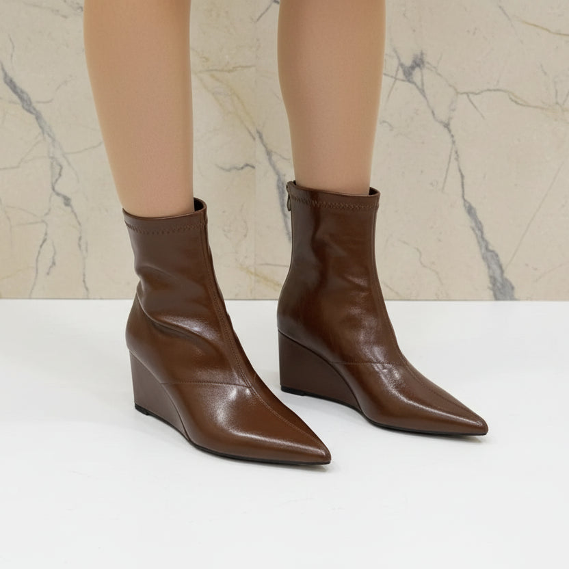 Autumn Winter Vintage Patent Leather Wedges Women Ankle Boots Fashion Pointed toe High heels Female Chelsea Short Boots Shoes