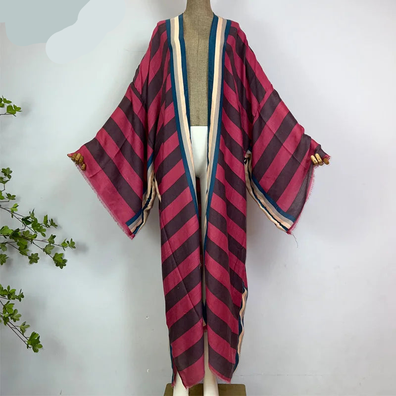 WINYI Kimono Africa Summer Boho Stripe Print Beach Swimwear Elegant Cardigan Sexy Holiday Maxi Beach Wear Swimsuit Evening Dress