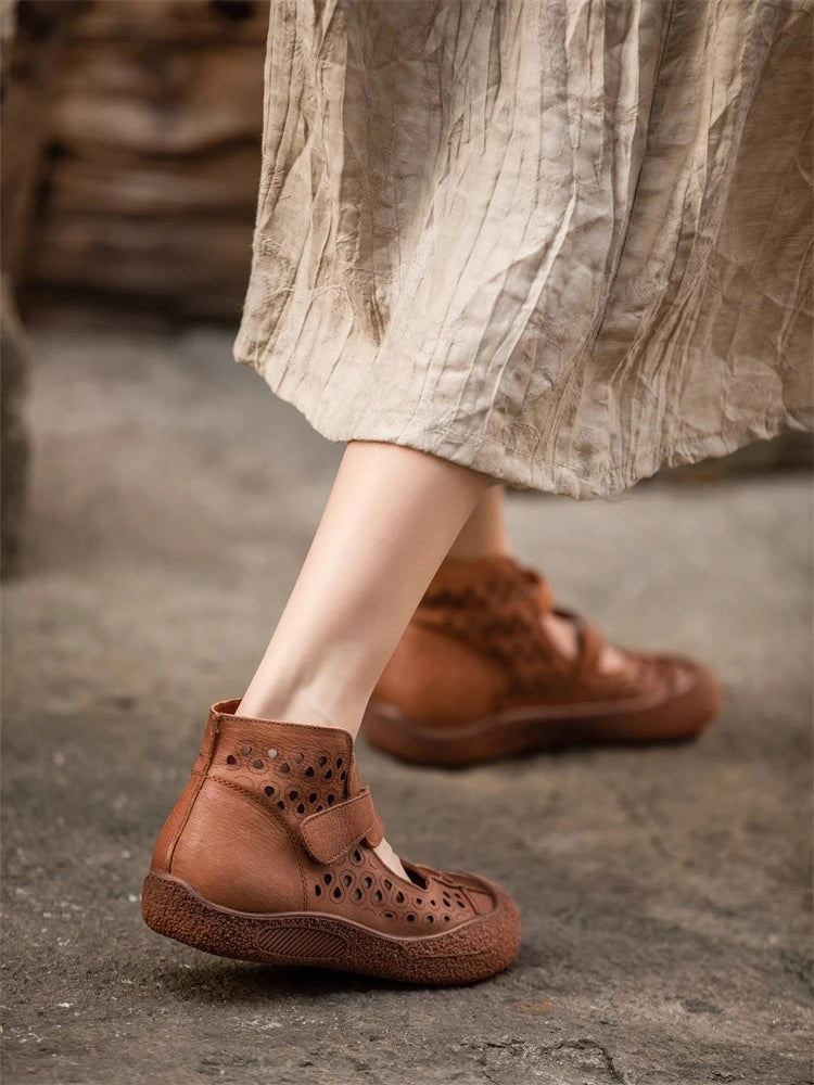 2026 Summer Retro Handmade Women's Shoes Genuine Leather Soft Bottom Mom Sandals Cowhide Hollow Out Casual Sandal Boots