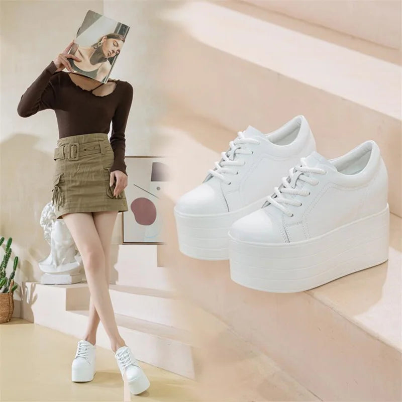 12cm Genuine Leather Platform Wedge Chunky Sneaker Hidden Heels Casual Breathable New Spring Autumn High Brand Vulcanize Shoes