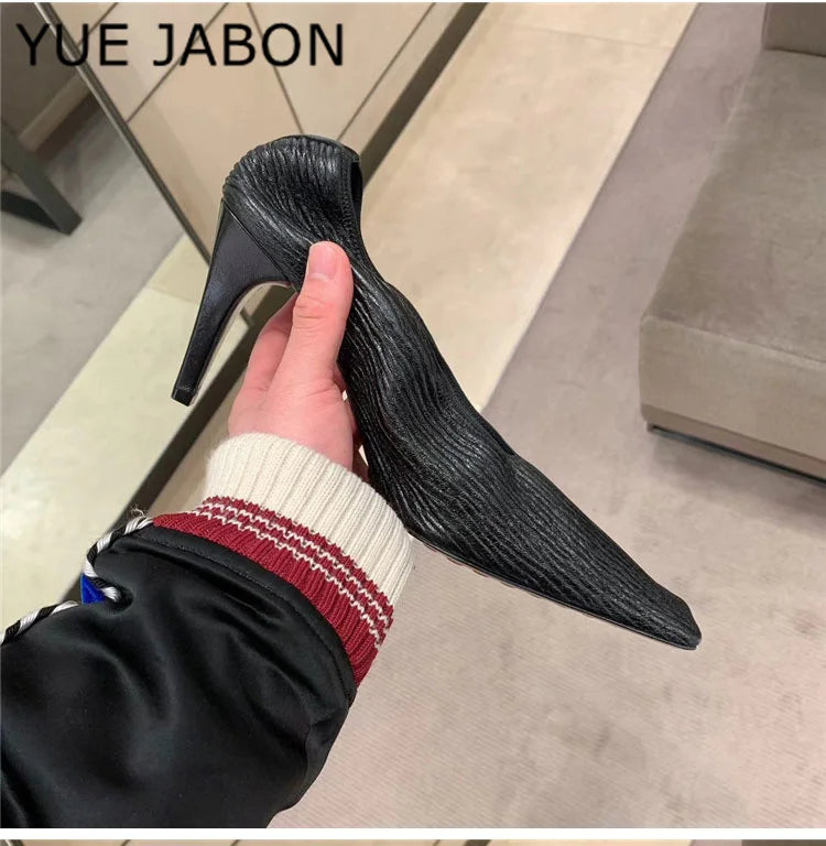 Black Square Head Early Spring New Lady Pumps Zebra-Print Soft Leather Pleated Elastic Witch High Heel Deep Mouth Granny Shoes