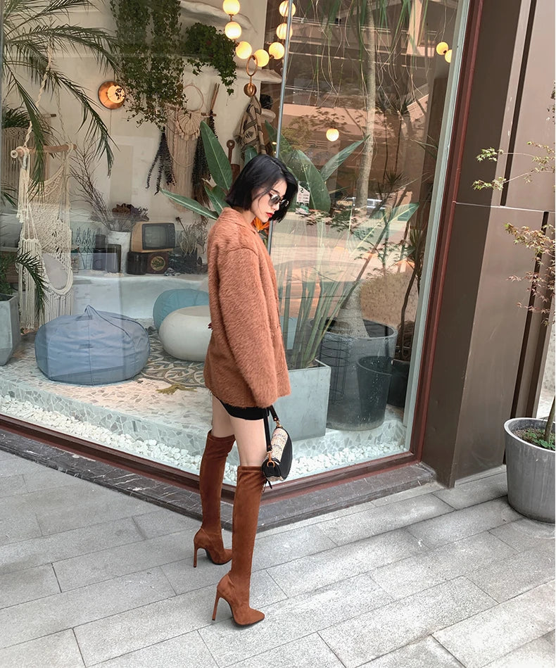 Sexy Glamourous Women Thigh High Boots Thin High Heeled Long Boots Leopard Print Snake Pointed Toe Over The Knee High Winter Bootie
