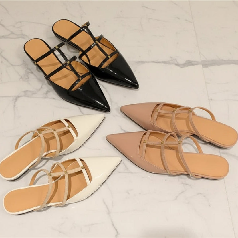 Genuine Leather Rivet Slippers Spring Summer 2026 Women Covered Toe Low Kitten Heels Mules Ladies Narrow Band Casual Slippers