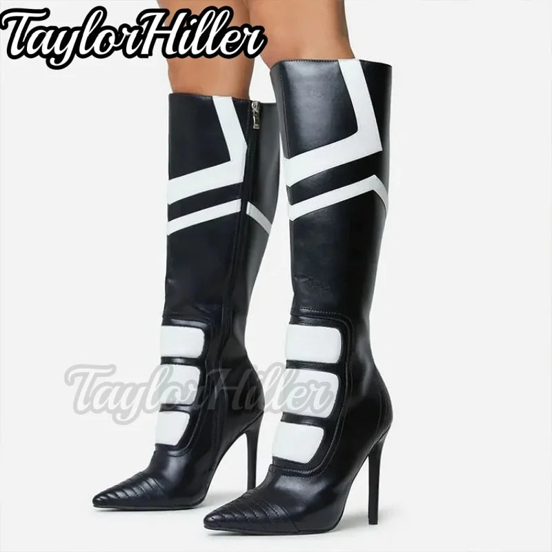 Black White Patchwork Boots Pointy Toe Stiletto High Heels Hollow Out Denim Botas Women Luxury Designer Shoes Sports Style 2026