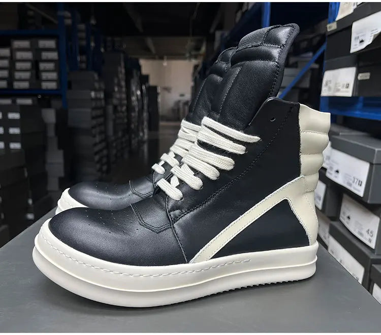 Men's Casual Shoes Genuine Leather Shoes for Women Owen Geo Black Solid Sneakers Lace-up Men's Shoes