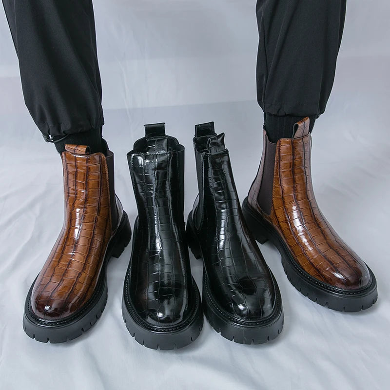 2025 Fashion Brand Men's Comfortable Fit Thick Soled Chimney Boots Autumn New High Top Chelsea Boots Plus Large Workwear Boots