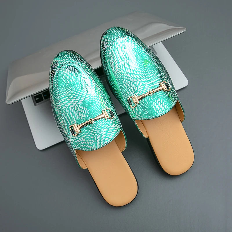 Fashion Brand Men's Cool Snake Skin Pattern Comfortable Half Back Leather Shoe Summer Men Breathable Bottom Casual Leather Shoes