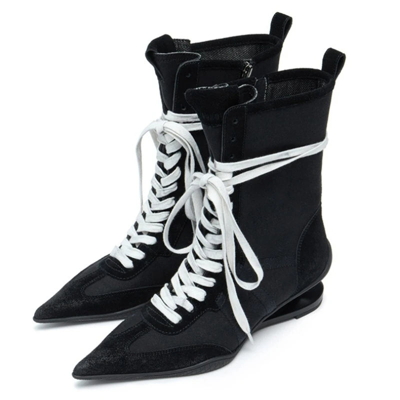 Pointed Toe Cross-tied Designer Women Boots Warm Strange Heel Retro Ankle Boots Zip Street Style Fashion High Short Boots Female