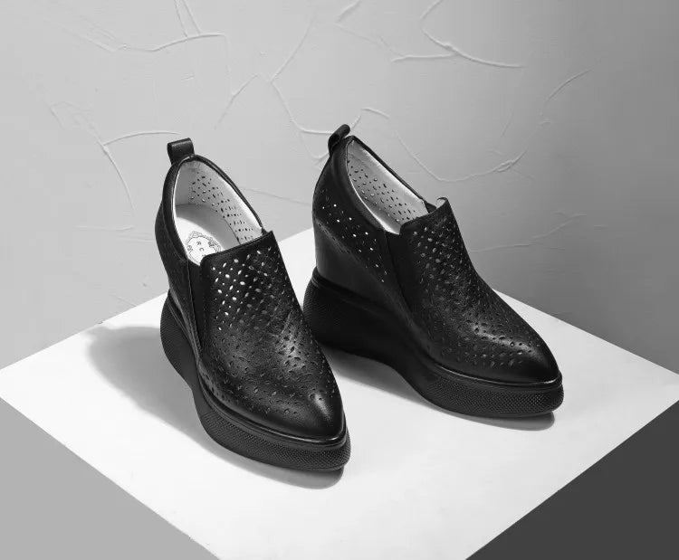 High Heels Hollow Out Shoes Casual Black White Women Sneakers Leisure Platform Shoes Slip-On Breathable Height Increasing Shoes