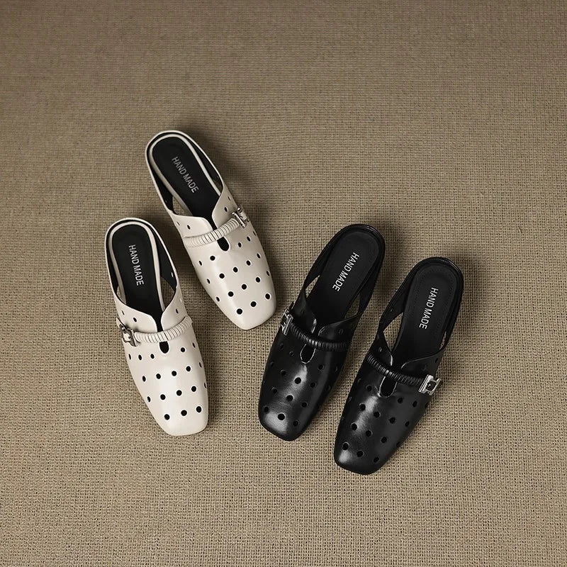 Genuine Leather Hollow Slippers Women Covered Toe Thick Heels Dating Buckle Mules Ladies Summer Leisure Slippers