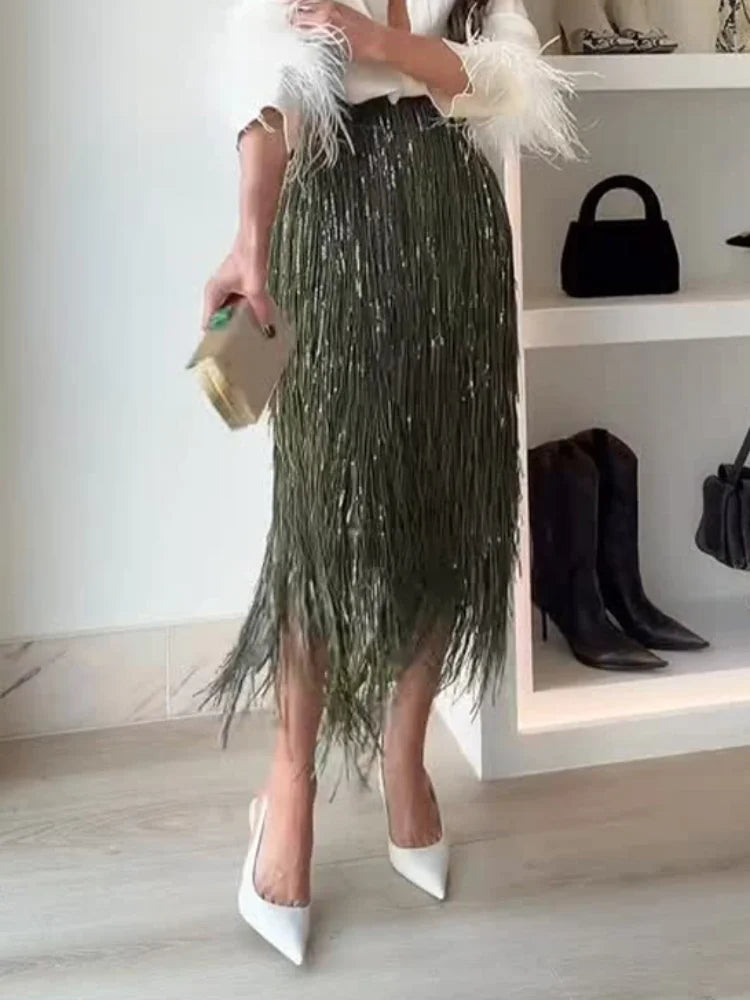 Elegant Green High Waist Women's Skirt With Sequins Female Casual Bodycon Long Shiny Sequined Bottom Lady Evening Party Skirts
