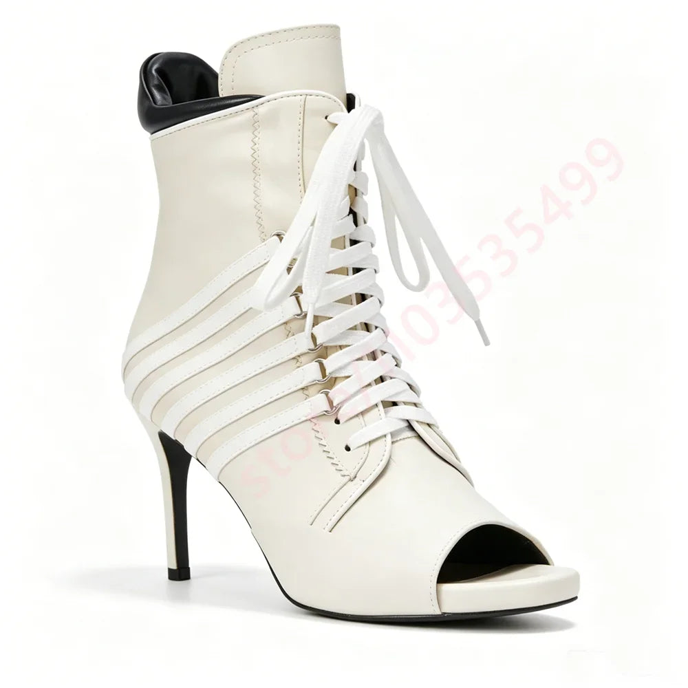 2026 Striped Peep Toe Ankle Women Boots Summer New Style Front Lace Up Thin Stiletto High Heel Fashion Streetwear Booties