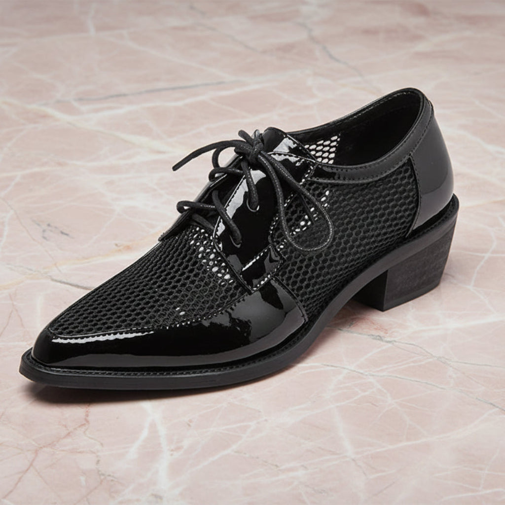 Spring Summer Genuine Leather Mesh Pumps Women Pointed Toe Lace Up Med Thick Heels Breathable Office Ladies Shoes 2025