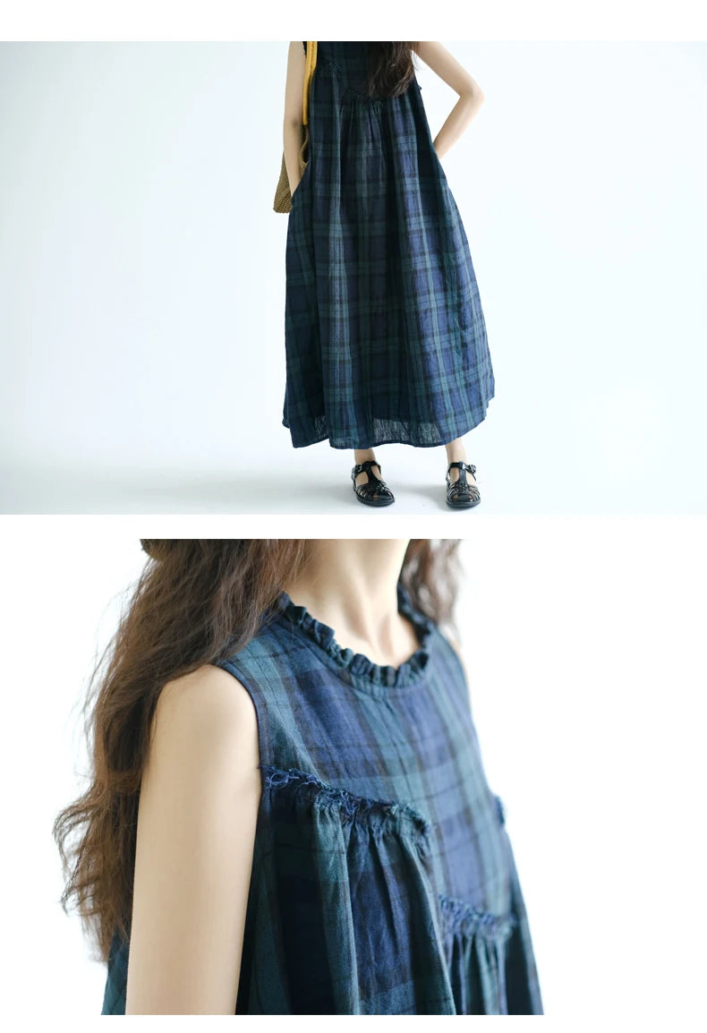 Summer 2026 Large Size Cotton Linen Plaid Vest Skirt Long Svel Dr Chest Splicing Wooden  Ear A-Line Dr