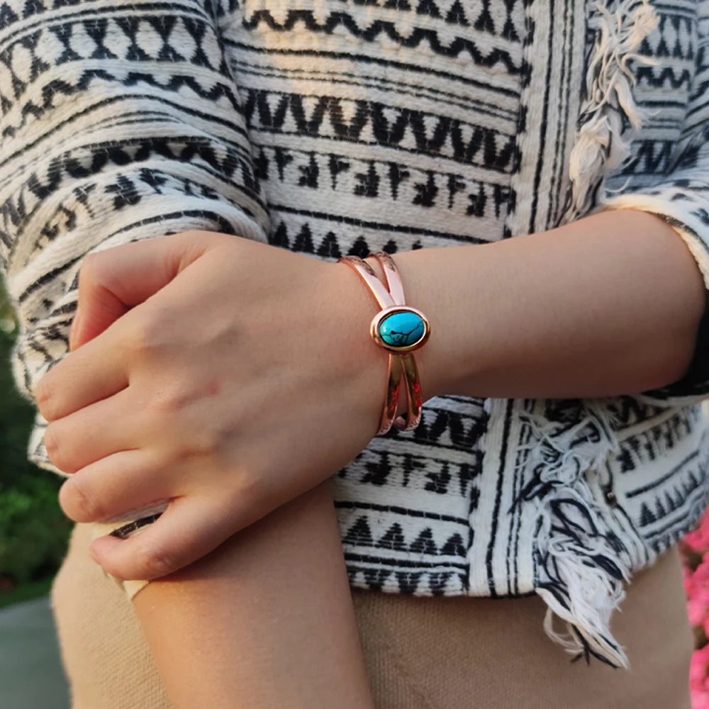 Pure Copper Bracelets for Women Blue Stone Adjustable Open Cuff Magnet Bangles Arthritis Health Energy Jewelry Femme Resizable
