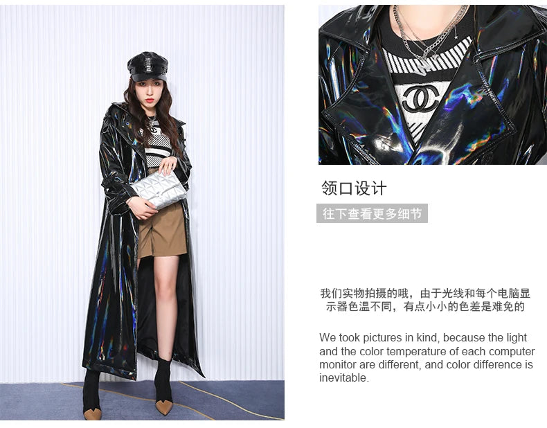 Nerazzurri Autumn Extra Long Black Holographic Shiny Reflective Stretchy Soft PVC Leather Trench Coat for Women European Fashion