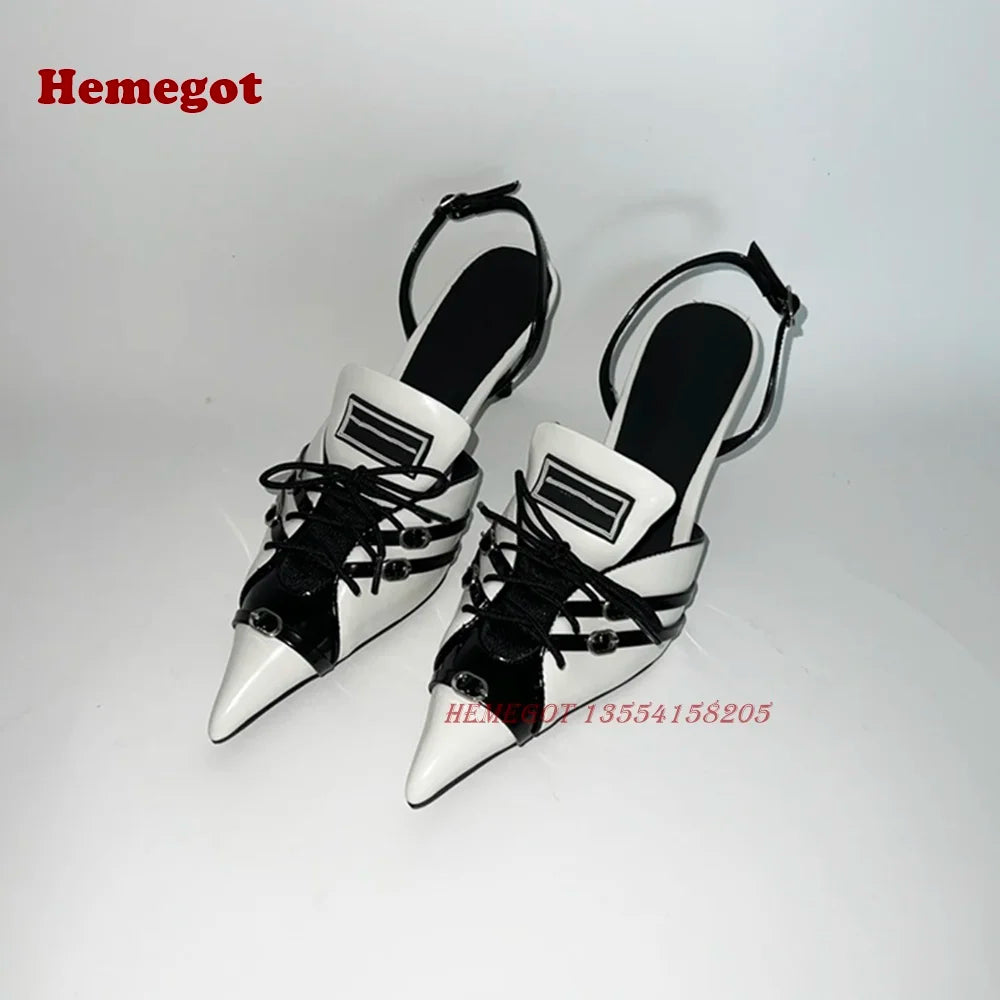 Red White Lace-Up Slingback Pumps Pointed Toe Thin Heel Buckle Women's Sandals 2024 Patchwork Mixed Color Party Shoes Luxury