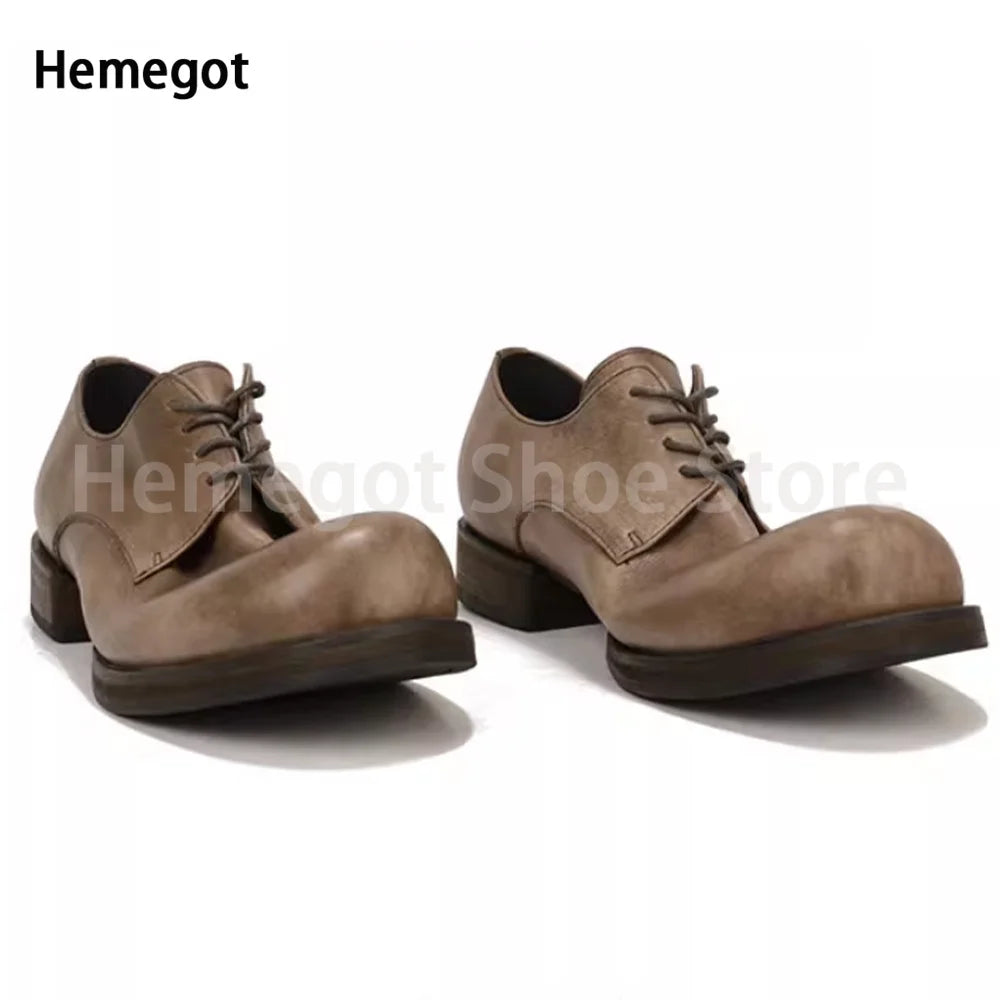 Big Round Toe Casual Shoes Low Cut Breathable Leather Shoes for Men Wear-Resistant Breathable Solid Color Handmade Men's Shoes