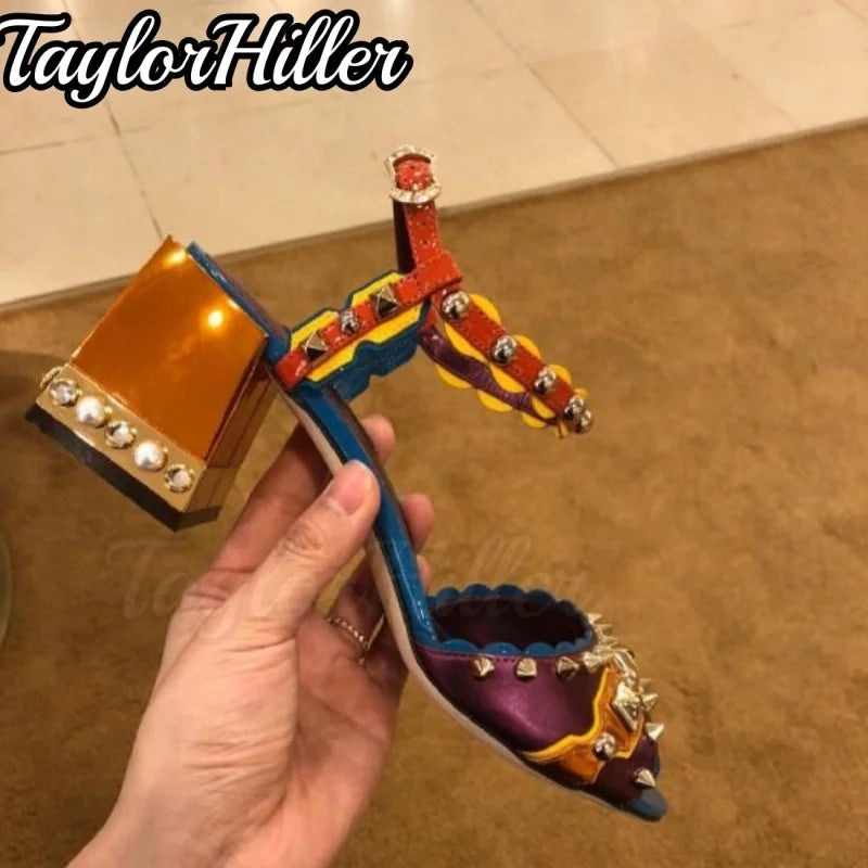 Colorful Gemstone T-strap Heeled Sandals Shallow Buckle Strap Square Heel Gladiator Heels Summer Vacation Bohemian Style Shoes