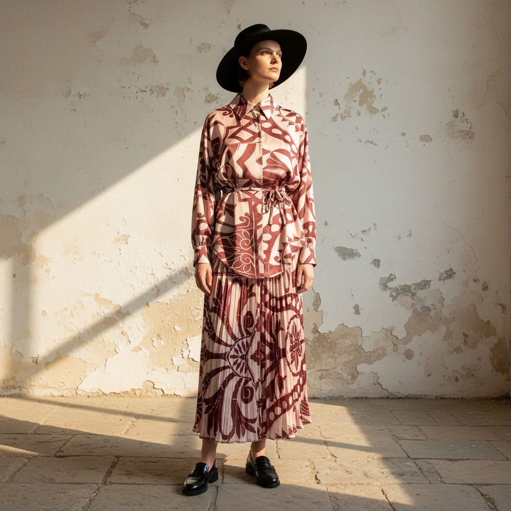 Spring Women's Retro Geometric Printed Collar Hoodie Loose Long Shirt Two Piece Set+Wide Leg Pants Fashion Set