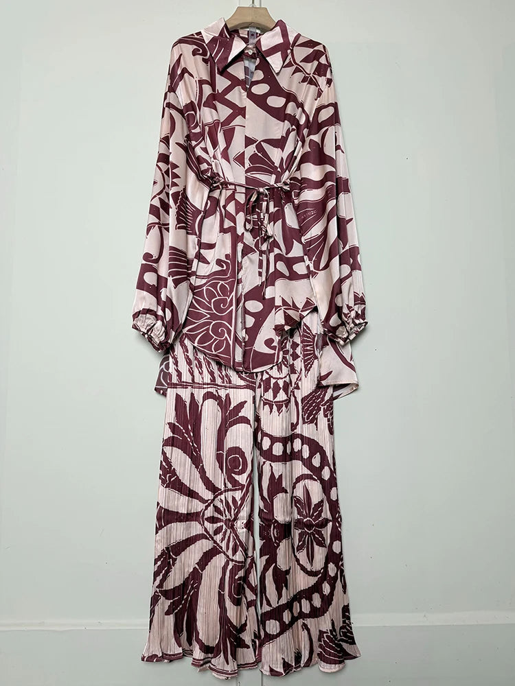 Spring Women's Retro Geometric Printed Collar Hoodie Loose Long Shirt Two Piece Set+Wide Leg Pants Fashion Set