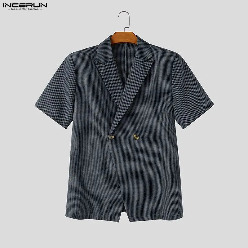 INCERUN Men Plaid Sets Lapel Short Sleeve Blazer Wide Leg Pants Two Piece Sets Streetwear Elegant 2026 Fashion Men Matching Sets