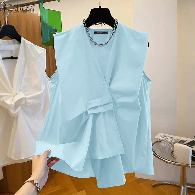 ZANZEA Trendy Pleated Design Women's Blue Tank Tops 2025 Summer Solid Color V-Neck Sleeveless Tops Streetwear 3 Colors S-3XL