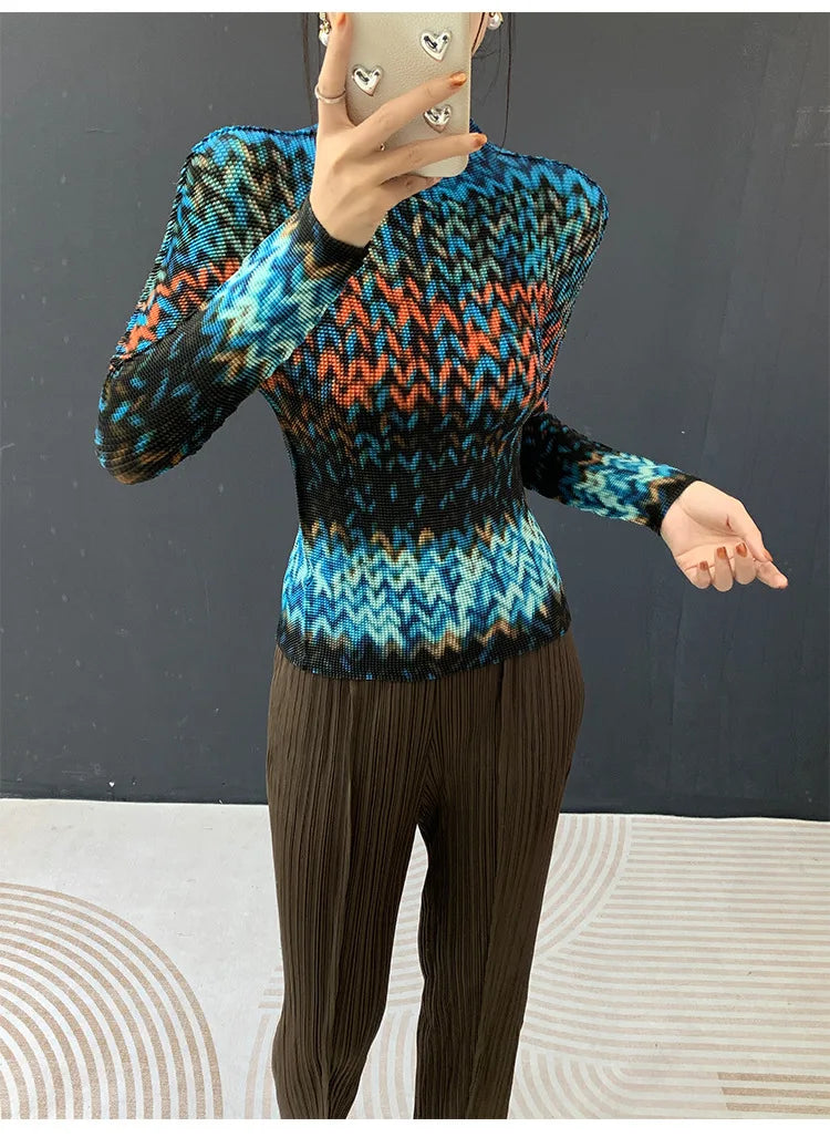 Miyake Pleated 2026 Spring and Summer New Fashion Tops Women's Long-sleeved Half-high Collar Printed T-shirt Bottoming Shirt