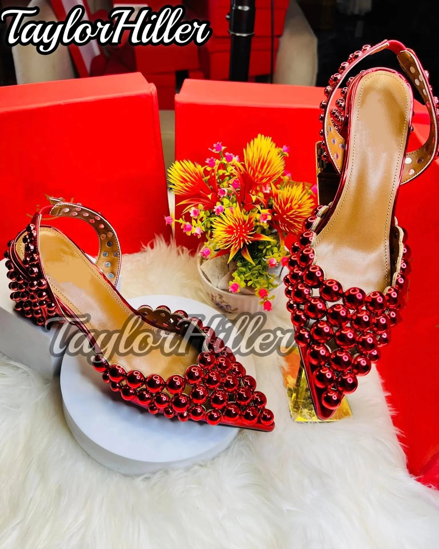 Golden Silver Ball Decor Heeled Sandals Slingback Women Pull On Slip On Shoes Pointy Toe Luxury Studded Metallic Luster Heels