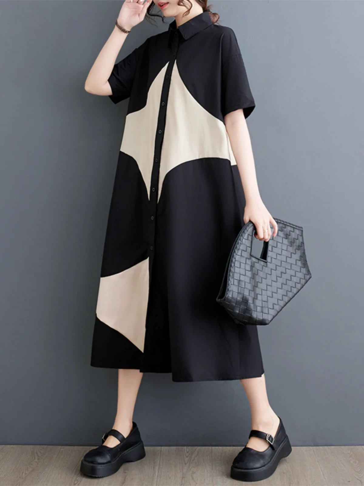 plus Size Summer Print Splice Casual Sweet ort Sve Dr Women's Loose Fit A-Line Gown f High Collar oulder Button