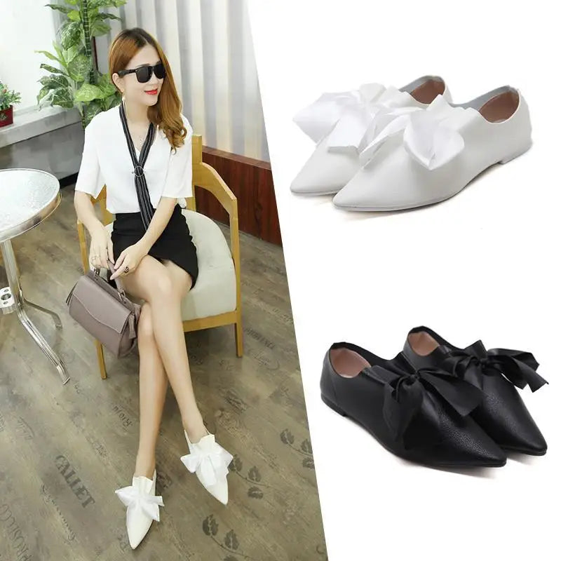 European Catwalk Shoes Woman Pleated Leather Flats 2025 Silk Bow-knot Ballerinas Ladies Espadrilles Barefoot Pointed Toe Loafers