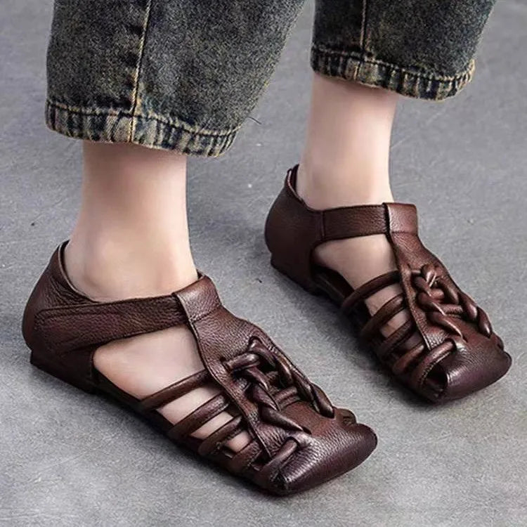 Genuine Leather Sandals Women Handmade Woven Literary Style Hollow Flat Roman Sandals Ladies Summer Shoes Sandalias