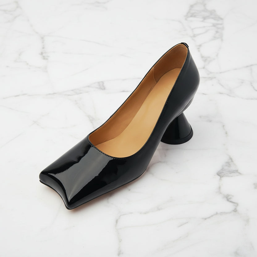 Stylish Patent Sheepskin Leather Pumps Women Shallow Med Strange Heels Party Dating Shoes Female Dress Pumps
