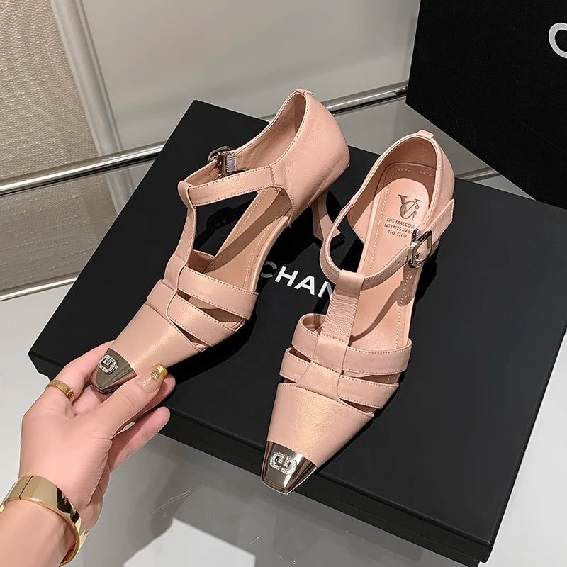 Elegant Genuine Leather Sandals Women T-Strap Metal Covered Toe Office Ladies Sandals Female Covered Back Sandals