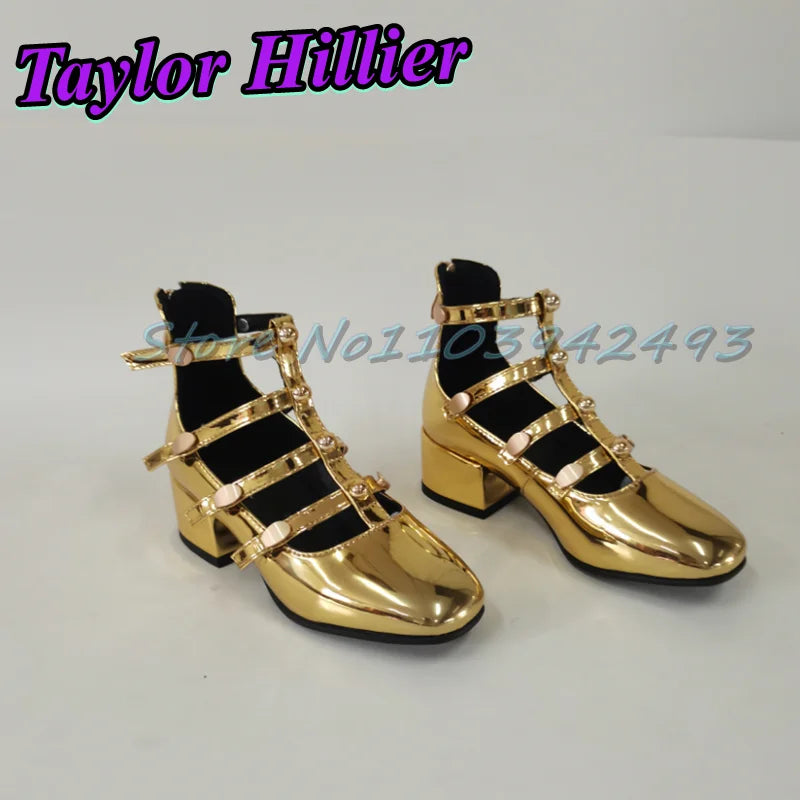Gladiator Green Heeled Sandals Rivets Women Designer Luxury Shoes Patent Leather Solid Sandalias De Mujer Roman Strappy Palace