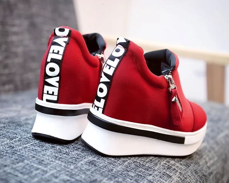 2024 Platform Sneakers Women Red Casual Comfortable Hidden Heel Shoe Black Canvas Shoes Wedge Heels Sneaker Tenis De Mujer