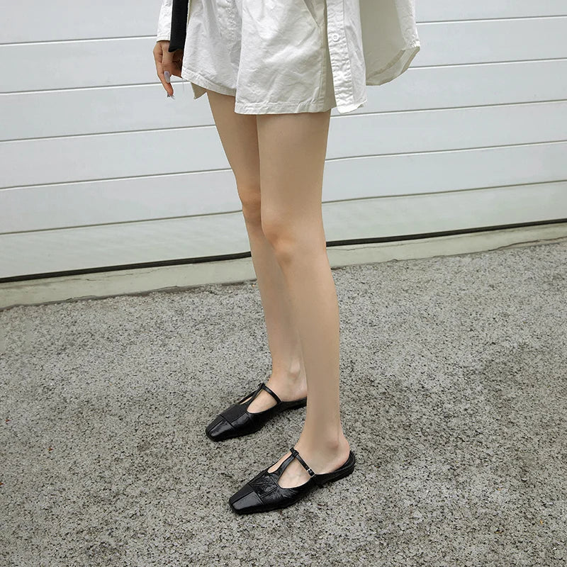Genuine Leather t-strap Slippers Women Covered Toe Low Heel Slides Ladies Summer Vacation Slippers Female
