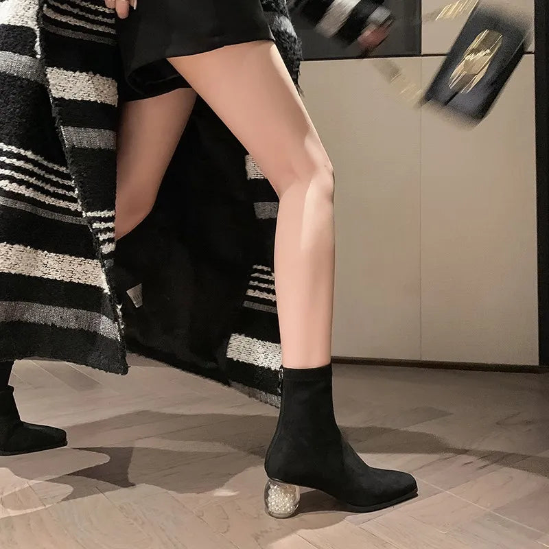 Stretchable Short Boots Women Square Toe Pearl Heels Young Ladies Fashion Ankle Boots Female Party Dating Shoes
