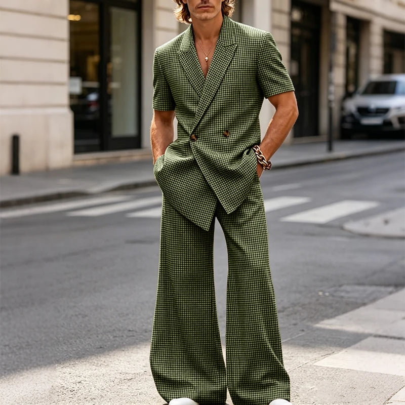 INCERUN Men Plaid Sets Lapel Short Sleeve Blazer Wide Leg Pants Two Piece Sets Streetwear Elegant 2026 Fashion Men Matching Sets