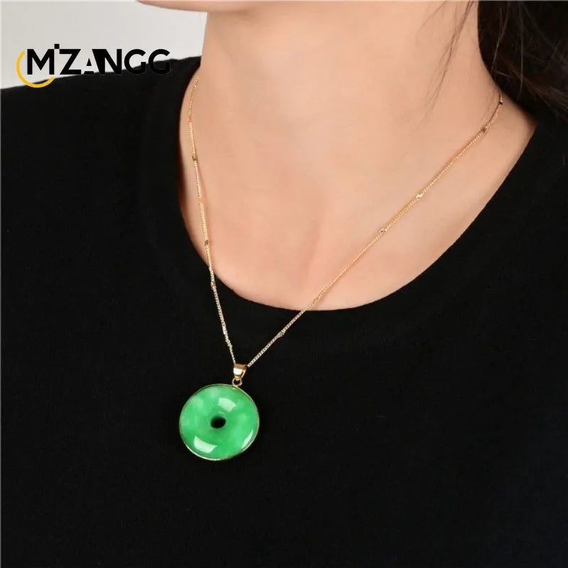 925 Silver Inlaid Natural Yang Green Jade Peace Buckle Goodluck Pendant  Men's and Women's Lutong Jadeite Necklace Exquisite Jewelry
