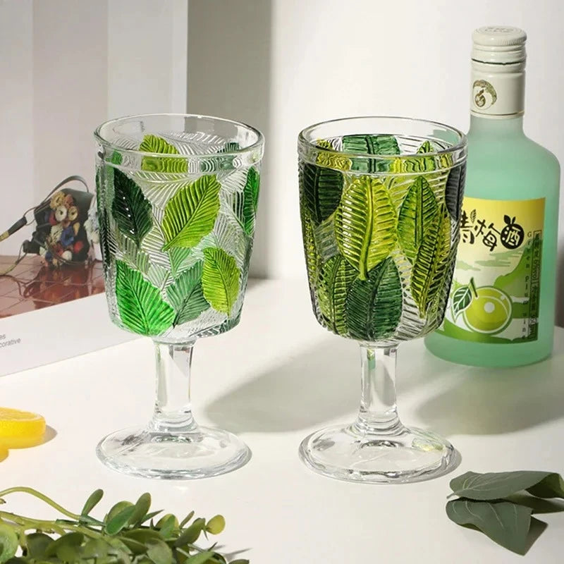 Relief Leaf Glass Cup Red Wine Glass Juice Cup Cocktail Glasses 295ml Hand Painted High Footed Cup Household Glass Wine Set