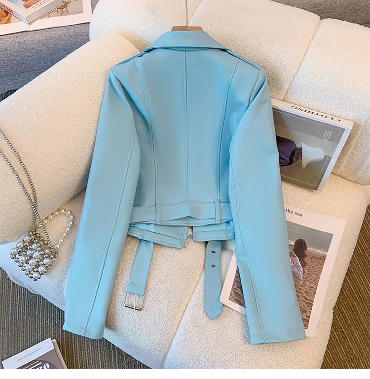 Blue PU leather jacket for women's spring autumn short Street style 2025 new retro motorcycle Leather Coat top