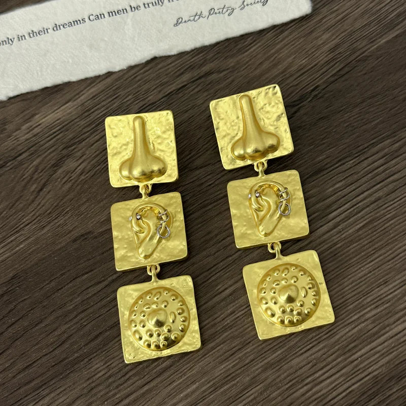 French Retro Embossed Nose And Ear Square Patchwork Earrings Unique Fashionable Earrings Women Trendy Jewelry Accessories