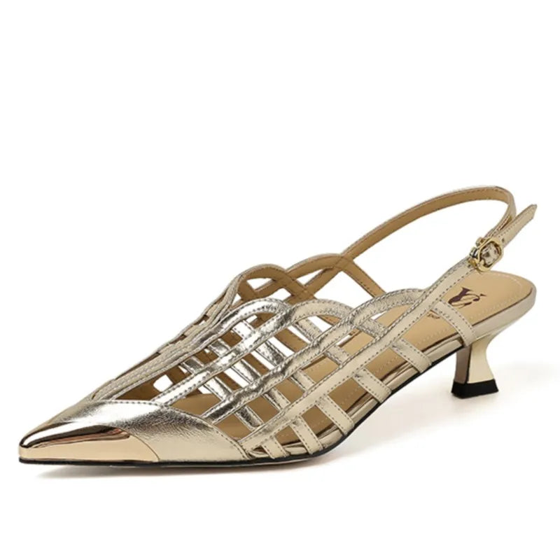 Sexy Real Leather Sandals Women Covered Metal Head Toe Narrow Band Sandals Ladies Party Dating Summer Med Heels