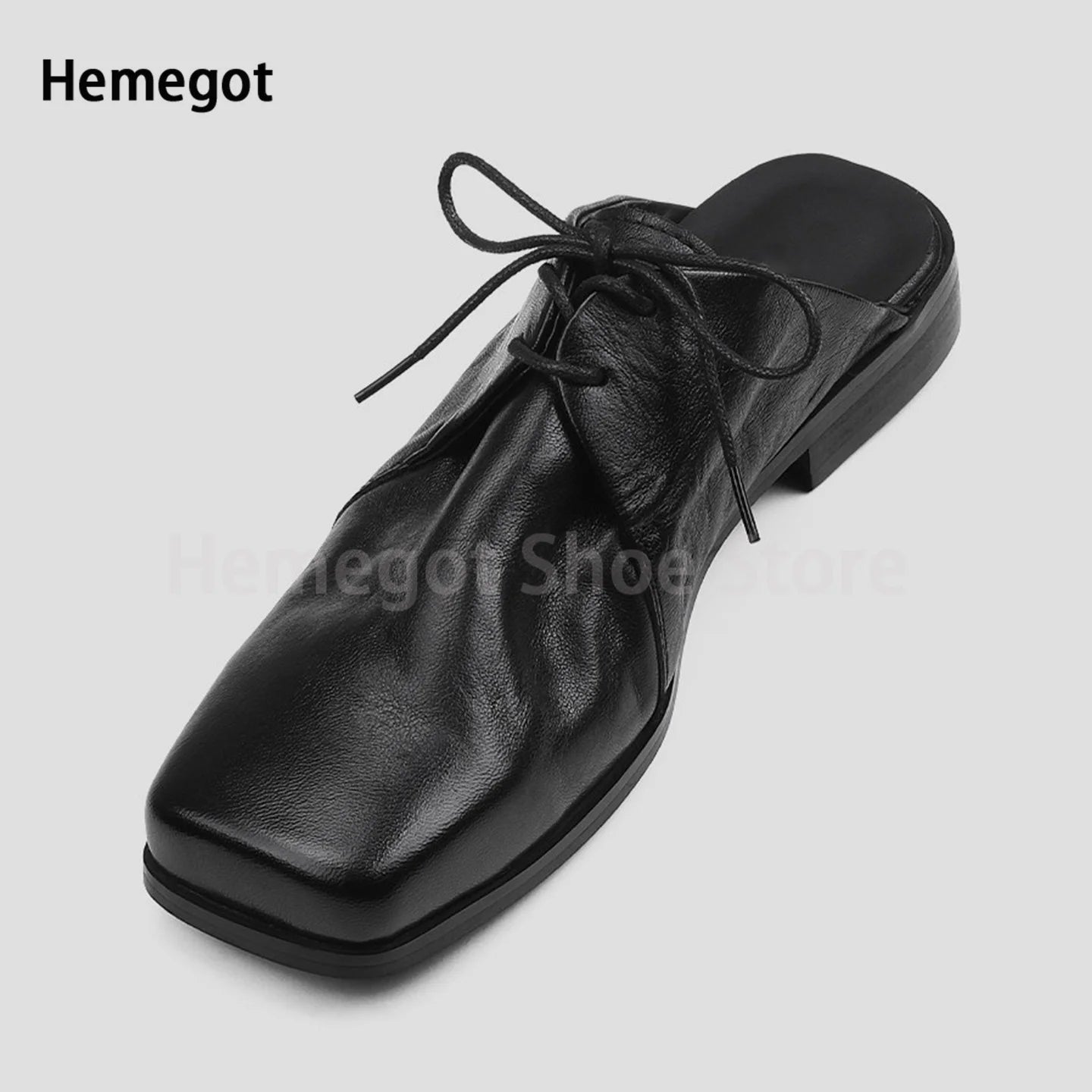 Black Leather Mules Slippers Men's Shoes Square Toe Lace-Up Flats Wear-Resistant Solid Color Casual Shoes Handmade Men's Shoes