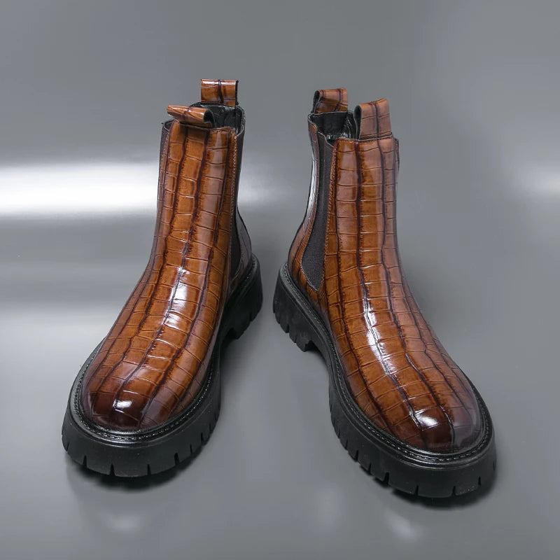 2025 Fashion Brand Men's Comfortable Fit Thick Soled Chimney Boots Autumn New High Top Chelsea Boots Plus Large Workwear Boots