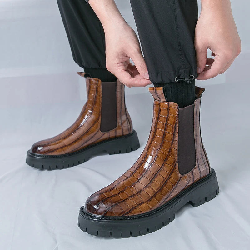 2025 Fashion Brand Men's Comfortable Fit Thick Soled Chimney Boots Autumn New High Top Chelsea Boots Plus Large Workwear Boots