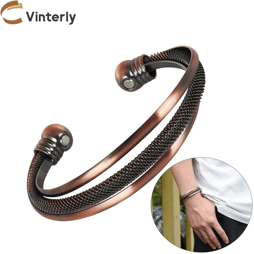 Vinterly Pure Copper Bracelets Magnetic Adjustable Open Cuff Vintage Flowers High Magnet Bangles Health Energy Jewelry Resizable